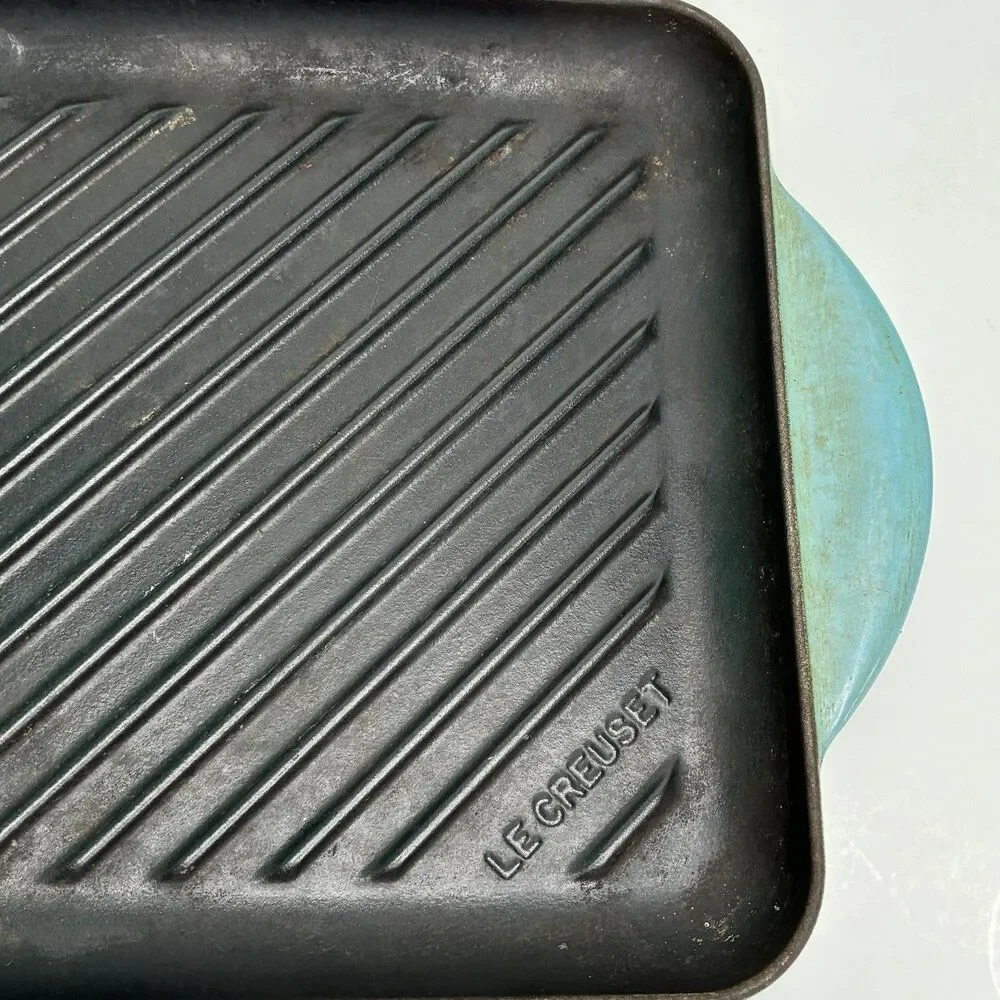 Le Creuset Blue Enameled Square Handle Cast Iron Grill Griddle Pan #24 Pre-owned